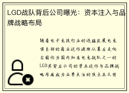 LGD战队背后公司曝光：资本注入与品牌战略布局